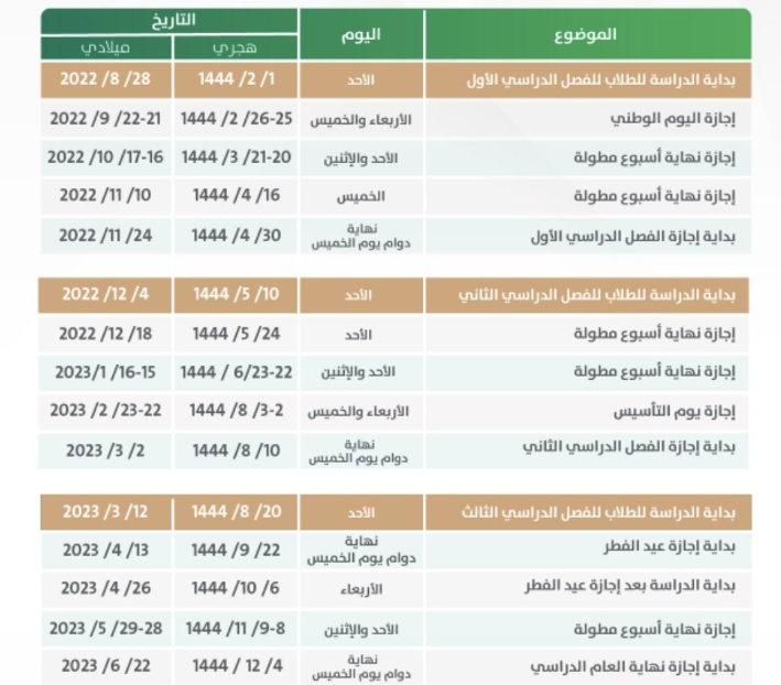 تقويم الإجازات المطولة 1444