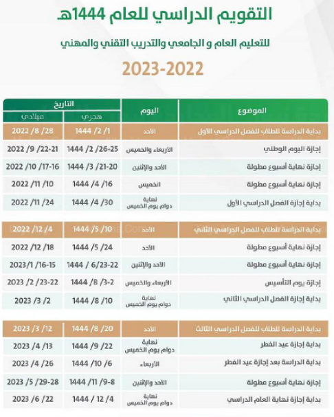 جدول الاجازات 1444