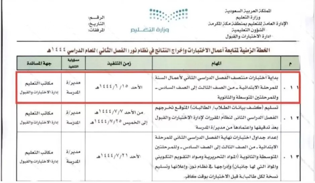 موعد الاختبارات النهائية